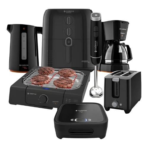 Conjunto de eletroportáteis Cadence pretos sobre fundo branco: chaleira elétrica Thermo One, fritadeira sem óleo Cook Fryer 4L, mixer, cafeteira, grill com hambúrgueres, sanduicheira e torradeira