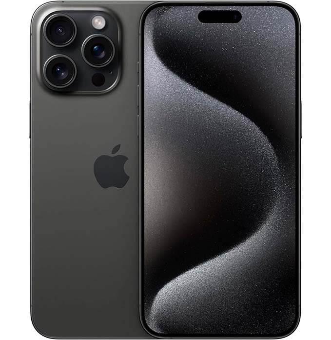 iPhone 15 Pro Max Titânio Preto, frente e traseira