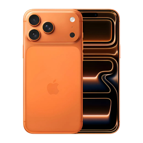 iPhone 17 Pro Max Laranja Cósmico visto por trás e pela frente