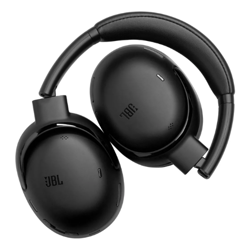 Fone de ouvido JBL Tour One preto, vista superior com conchas dobradas e logo JBL em baixo relevo