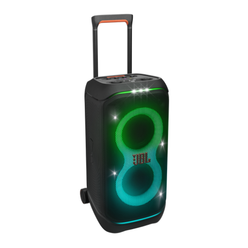 Caixa de som JBL PartyBox Stage 320, vista frontal em três quartos com alça telescópica estendida e iluminação LED