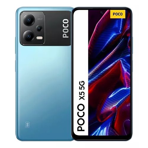 Smartphone Xiaomi POCO X5 5G azul visto de frente e de costas lado a lado sobre fundo branco, com módulo de câmera preto na parte superior traseira e marca POCO