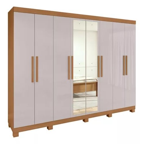 Guarda-roupa 8 portas com espelho, estrutura amêndoa e portas em alto brilho